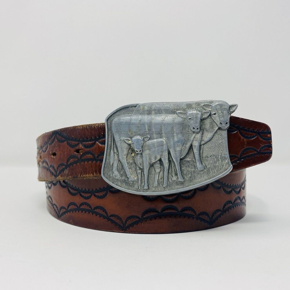 VTG Mens 42 Western Cowboy Brown Tooled Leather Belt Silver Cow Buckle Vet USA